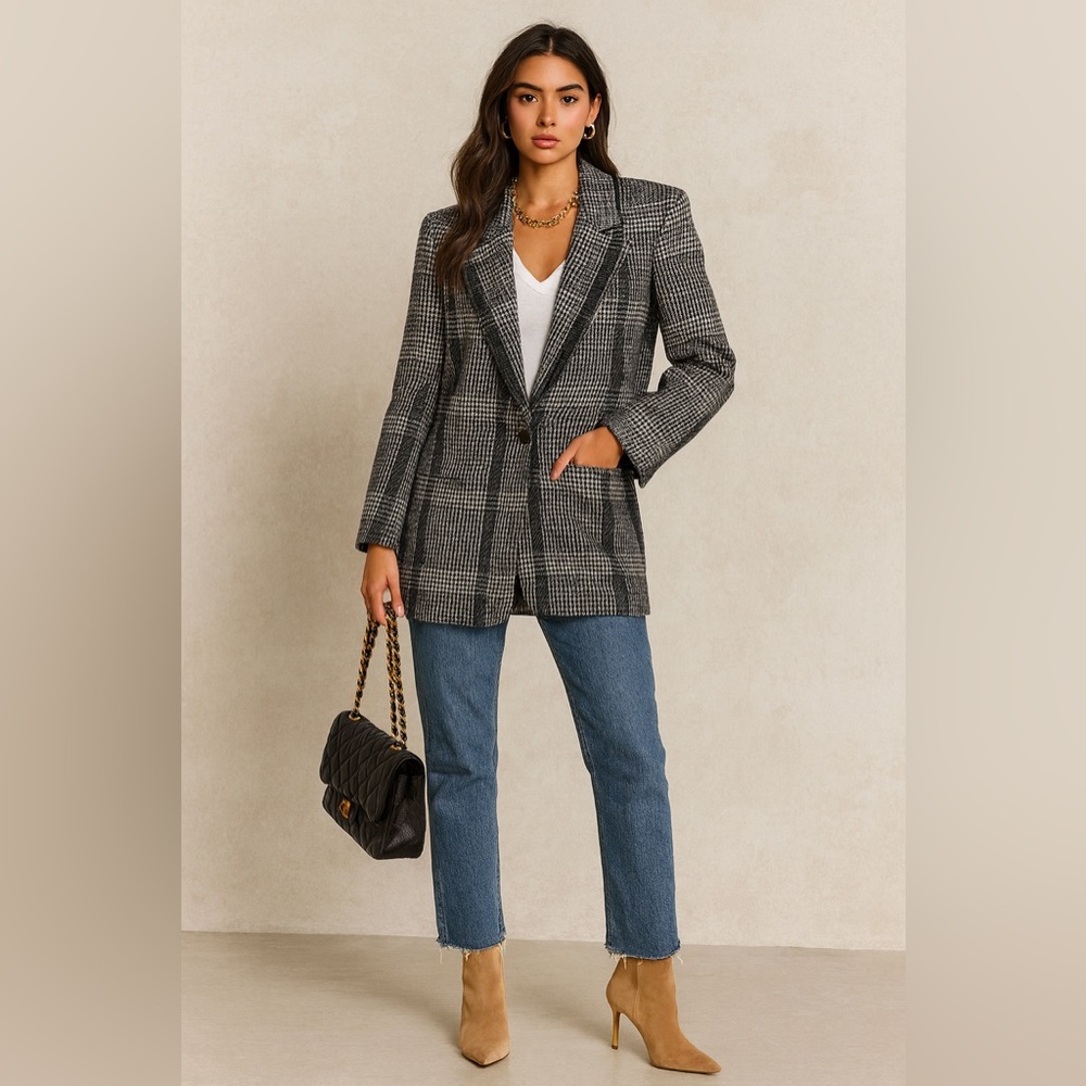 Vintage 19th Avenue Black & White Check Plaid Blazer – Classic Oversized Fit